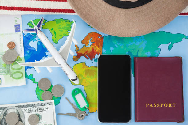 istock Map, smart phone, passport and cash placed together 653102098