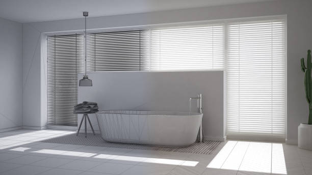 istock Scandinavian bathroom, white minimalistic interior design, abstract sketch 653105326