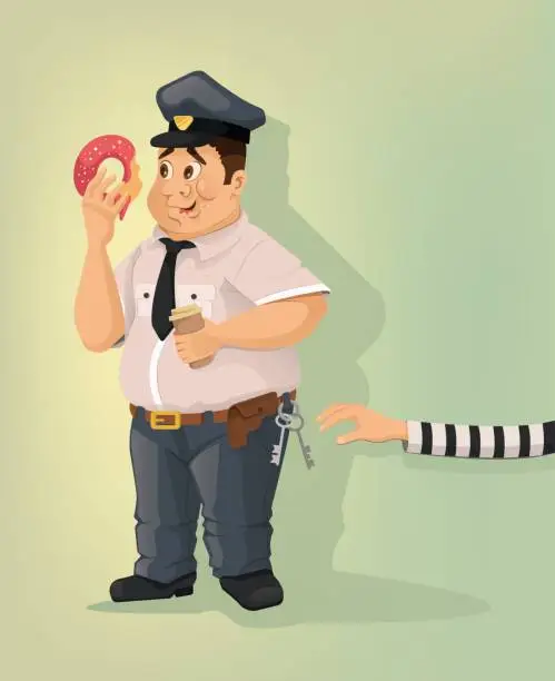 Vector illustration of Careless cop character eating donut. Thief hand trying to steal keys