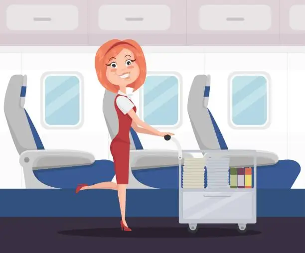 Vector illustration of Smiling happy stewardess woman character carries food and drinks