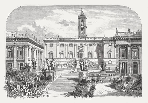 Capitoline Hill with Palazzo Senatorio, Rome, Italy, published in 1884 Piazza del Campidoglio, on the top of Capitoline Hill, with the façade of Palazzo Senatorio in Rome, Italy from the book "Die Kunstschätze Italiens" by Carl von Lützow. Published by J. Engelhorn, Stuttgart in 1884. capitoline hill stock illustrations