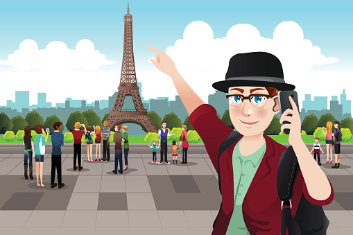A vector illustration of Tourists Taking Picture Near Eiffel Tower