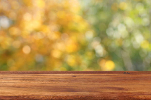 istock An empty wooden table on a background of autumn trees. The background is blurred. 653117220