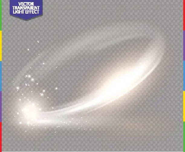 Vector illustration of Circular lens flare transparennt light effect. Abstract sparkling spark. Beautiful ellipse border. Shining shock. Rotational glow line. Power energy element. Space for message. 3D illustration. Glowing ring trace background. Round shiny frame. Vector circ