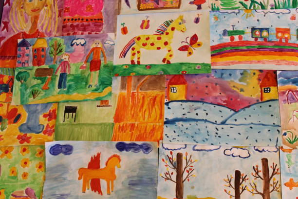 istock different childish drawings on the exhibition 653137826