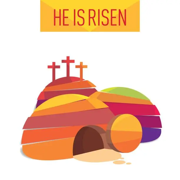 Vector illustration of Easter Resurrection Cave Jesus Risen Congratulation postcard