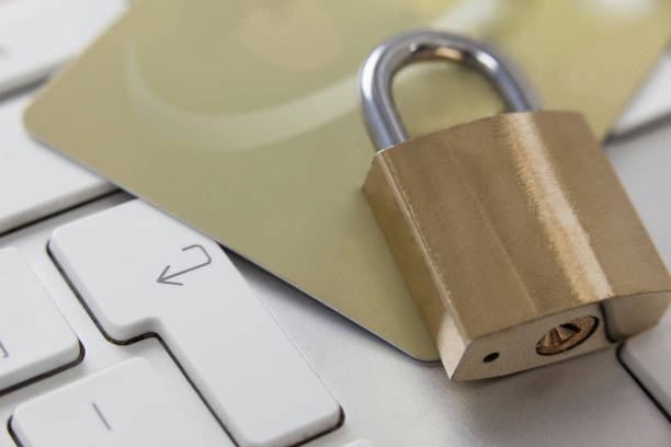istock Metallic lock with smart card on laptop 653150222