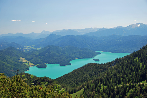 Beautiful panorama of Walchensee in the bavarian alps