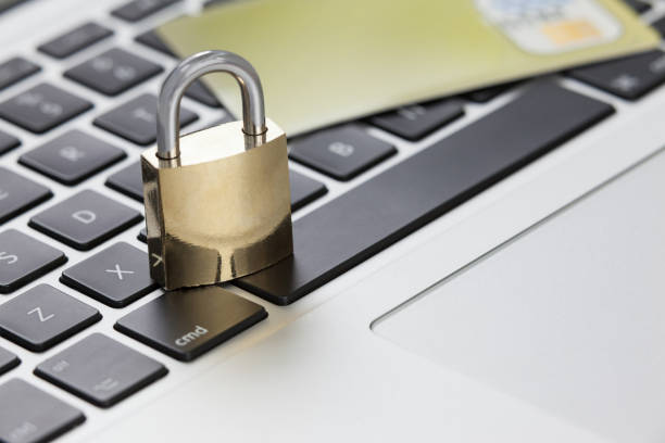 istock Metallic lock with smart card on laptop 653151068