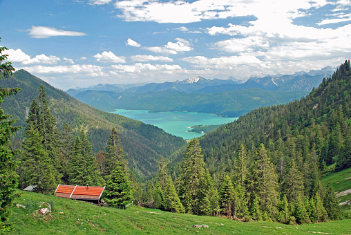 Beautiful panorama of Walchensee in the bavarian alps