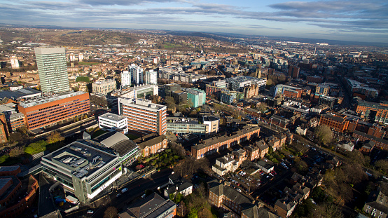Aerial drone shot looking over Sheffield City, UK.