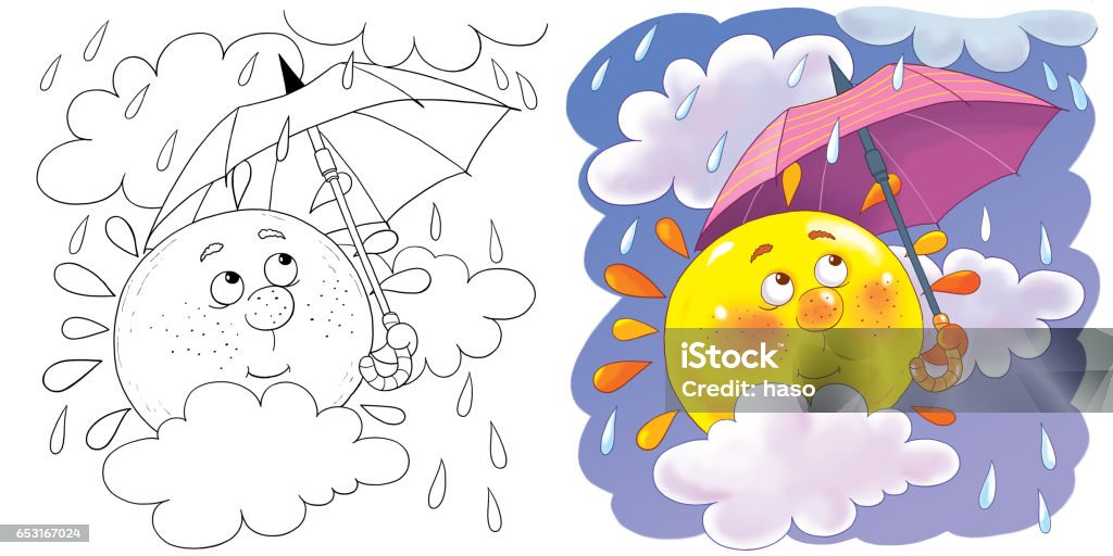 Ilustración de Lindo Sol En El Cielo En Clima Lluvioso Ilustración Para  Niños Página Para Colorear Personajes De Dibujos Animados Divertidos y más  Vectores Libres de Derechos de Amarillo - Color - iStock