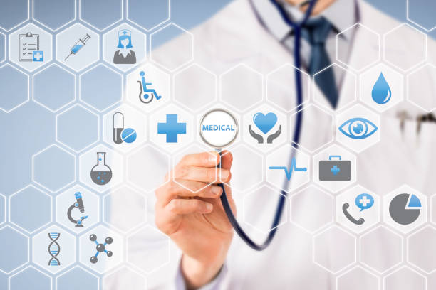 istock Doctor Touching Icons on Screen 653170908