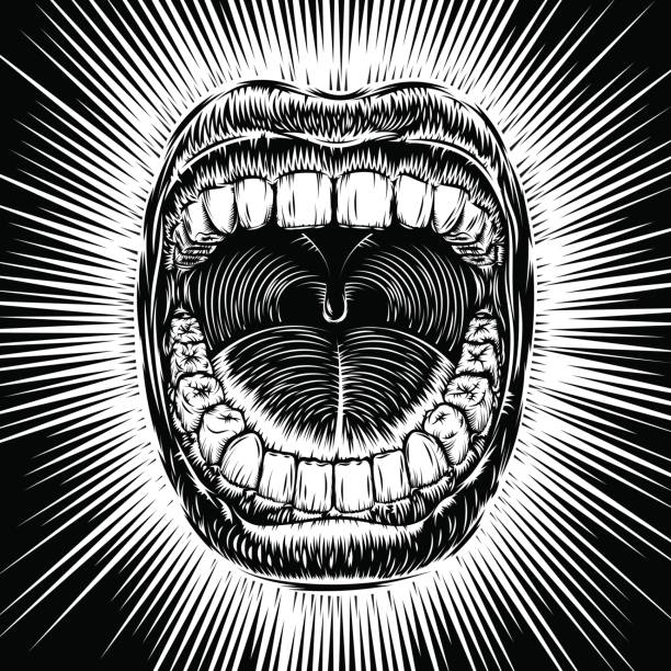 口開いて悲鳴インク手描画ヴィンテージ タトゥー プリント ビーム - human mouth mouth open shouting screaming点のイラスト素材／クリップアート素材／マンガ素材／アイコン素材