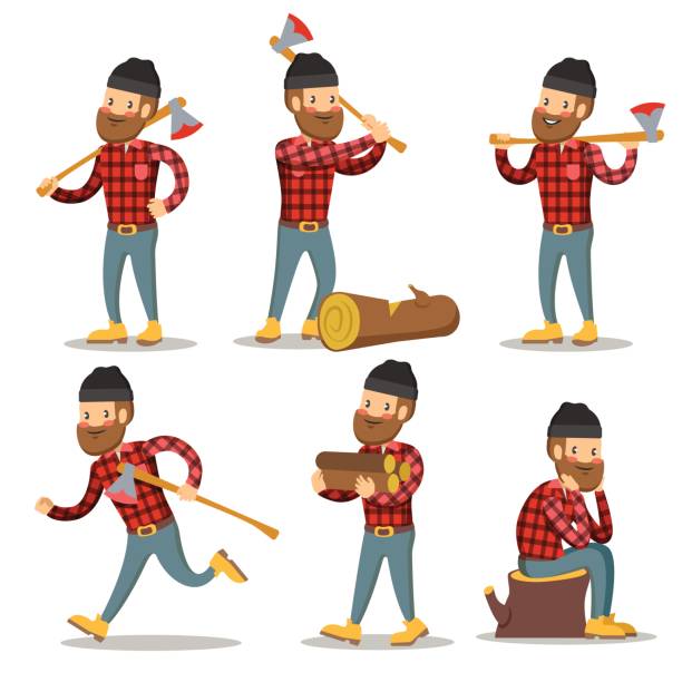 holzfäller-cartoon-zeichensatz. holzfäller - lumberjack lumber industry forester axe stock-grafiken, -clipart, -cartoons und -symbole