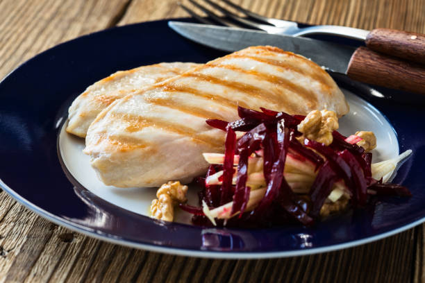 Grilled chicken breast with crunchy beetroot slaw