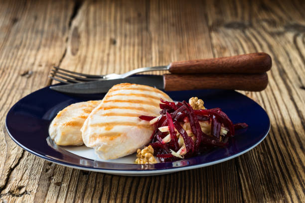 Grilled chicken breast with crunchy beetroot slaw
