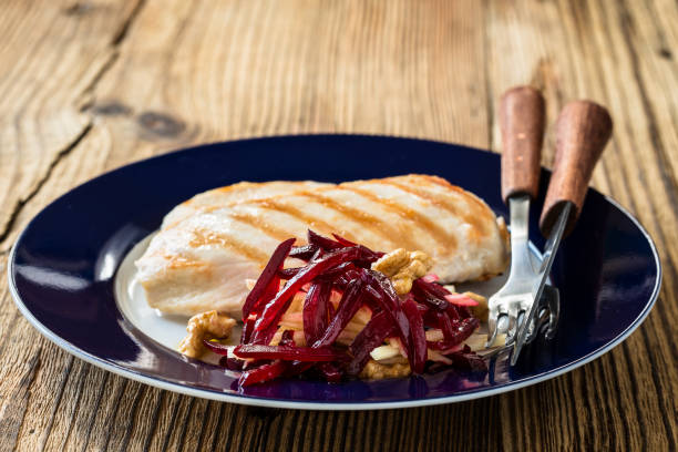 Grilled chicken breast with crunchy beetroot slaw