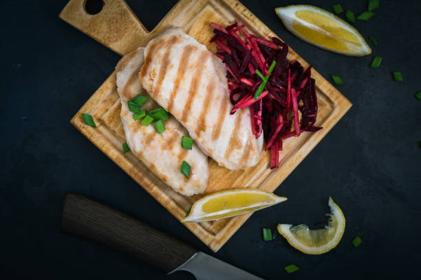 Grilled chicken breast with crunchy beetroot and apple slaw