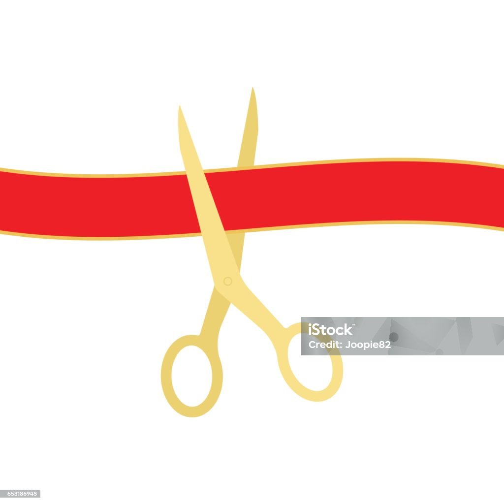 Golden scissors cutting red ribbon isolated on white background. Vector illustration. Golden scissors cutting red ribbon isolated on white background. Vector illustration Ribbon Cutting stock vector