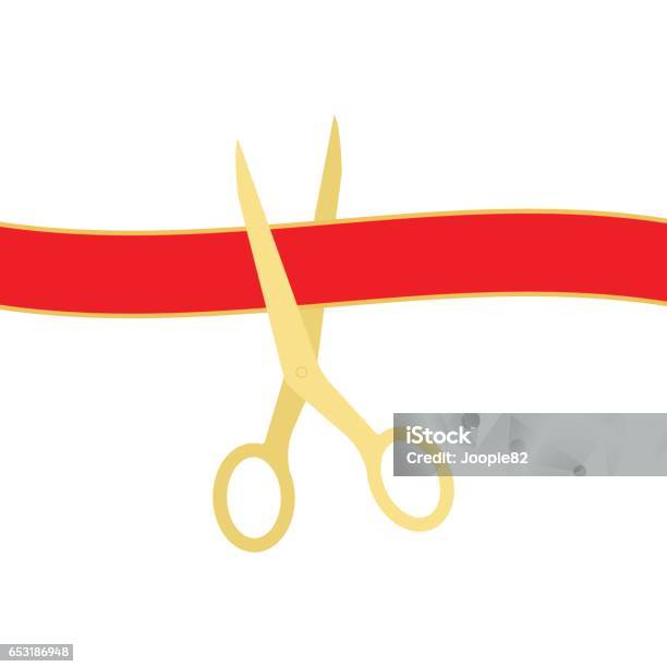 Golden Scissors Cutting Red Ribbon Isolated On White Background Vector Illustration Stock Illustration - Download Image Now