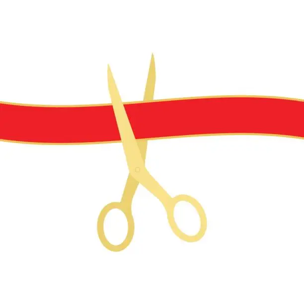 Vector illustration of Golden scissors cutting red ribbon isolated on white background. Vector illustration.