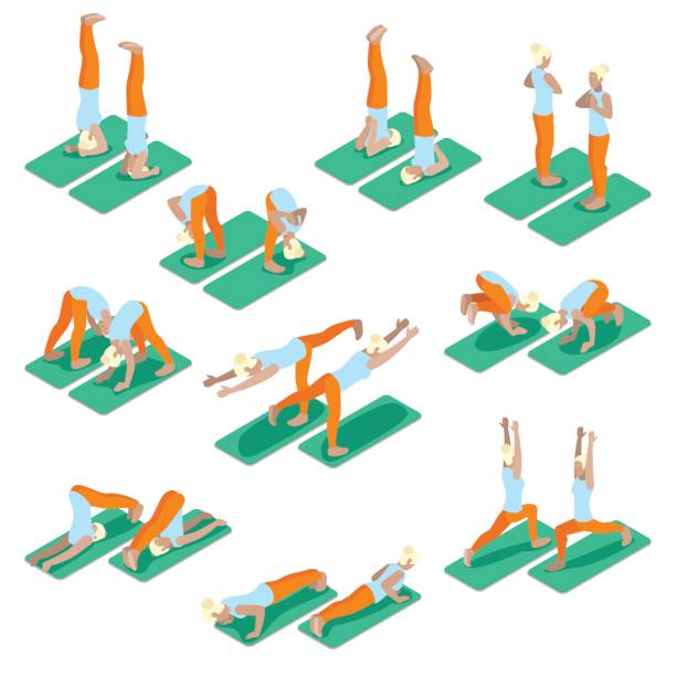 ilustraciones, imágenes clip art, dibujos animados e iconos de stock de conjunto de ejercicios isométrica mujer yoga - exercices