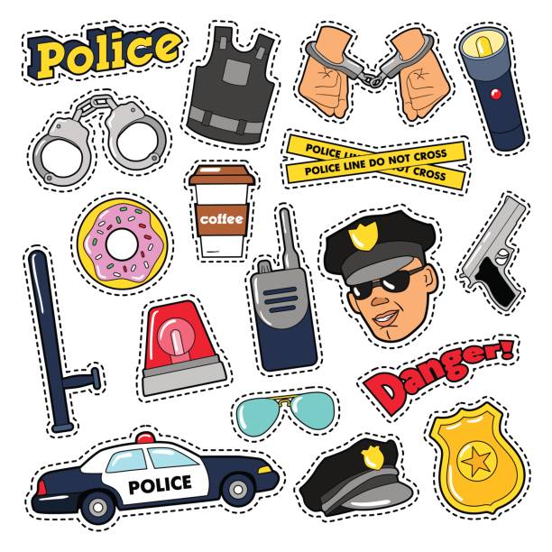 policyjny zestaw naklejek bezpieczeństwa z oficerem, pistolet - crime flashlight detective symbol stock illustrations