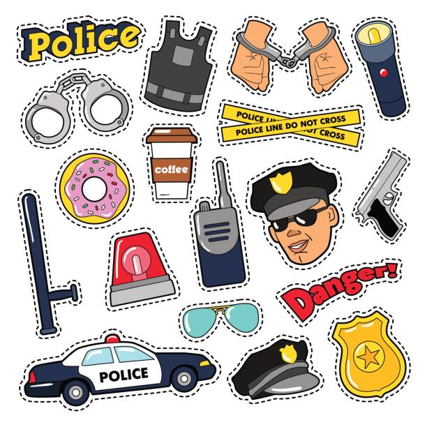 ilustrações, clipart, desenhos animados e ícones de conjunto de adesivos de segurança polícia oficial, arma - crime flashlight detective symbol