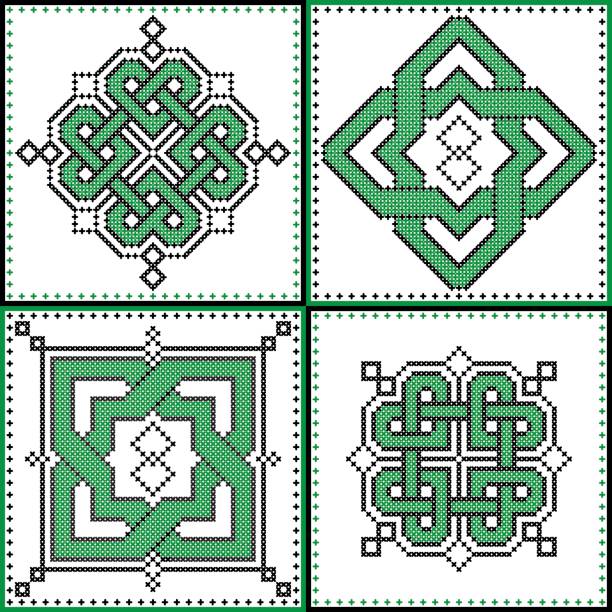 Celtic endless decorative knots selection in black and green cross stitch pattern in the ceramic tile form  inspired by Irish St Patrick's day and ancient Scottish and Irish  culture Celtic endless decorative knots selection in black and green cross stitch pattern in the ceramic tile form  inspired by Irish St Patrick's day and ancient Scottish and Irish  culture celtic knot heart stock illustrations