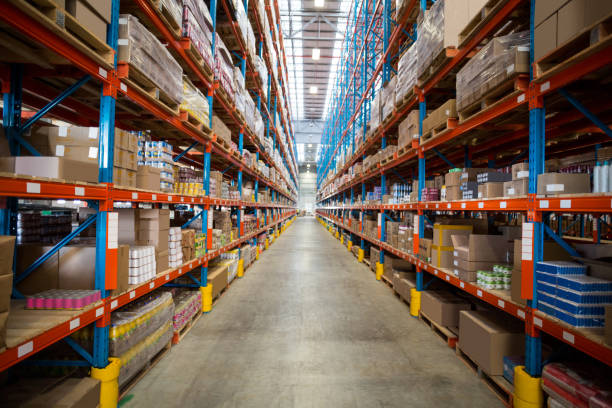 istock Boxes kept on shelves in the warehouse 653198618