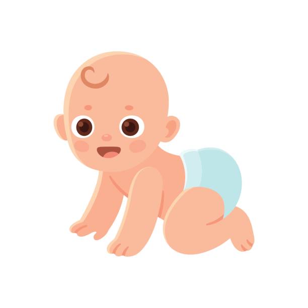 Cute cartoon baby Cute cartoon baby in diaper crawling and smiling. Adorable vector newborn illustration. baby stock illustrations