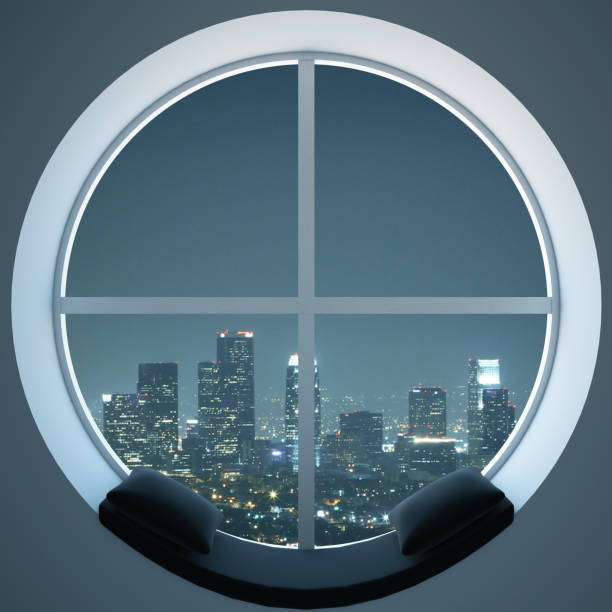 Cozy round window with pillows and night city view. 3D Rendering