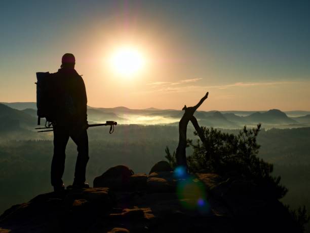 istock Tourist with backpack and poles stand on rock 653205380