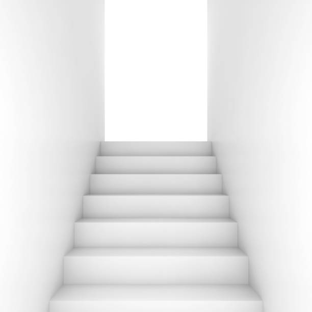 White stairway goes up to glowing door