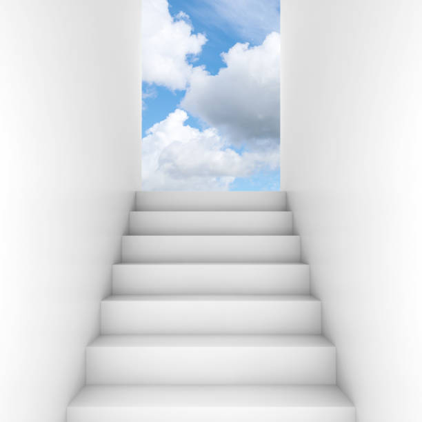 istock White stairway goes up to the open door 653205844