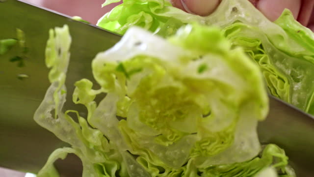 Cutting Fresh Green Salad for Preparing Salad