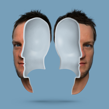 head of a man split in two, opened; Look into the head; for product placement or text placement