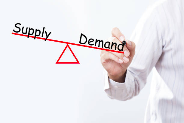 istock Businessman hand drawing supply and demand balance concept. 653221936
