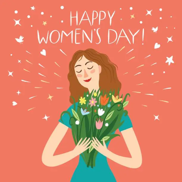 Vector illustration of Happy girl holding a boquet of flowers.