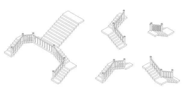 Vector illustration of Isometric outline stairs plan with a rail. Vector illustration.