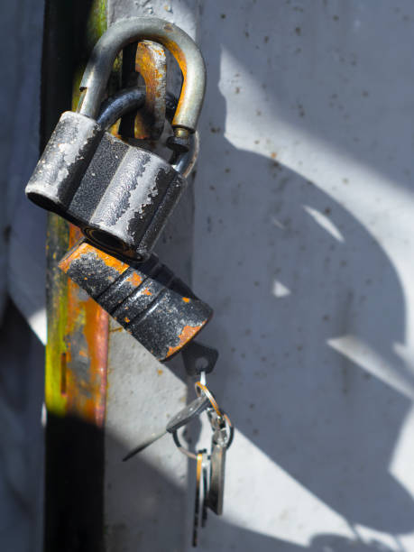 istock Old locks with keys on garage door 653232126