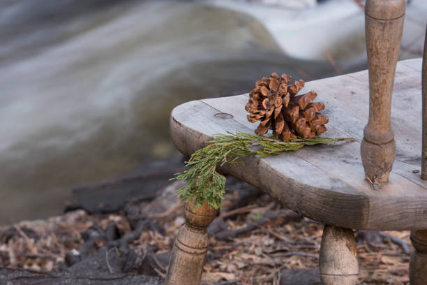istock Wooden chair with a pinecone, in the forest beside a rushing river 653234840