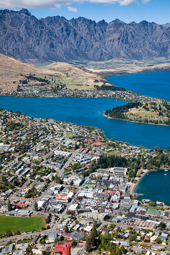 High angle view of Queenstown and Lake Wakatipu in the Remarkable Mountains of New Zealand.