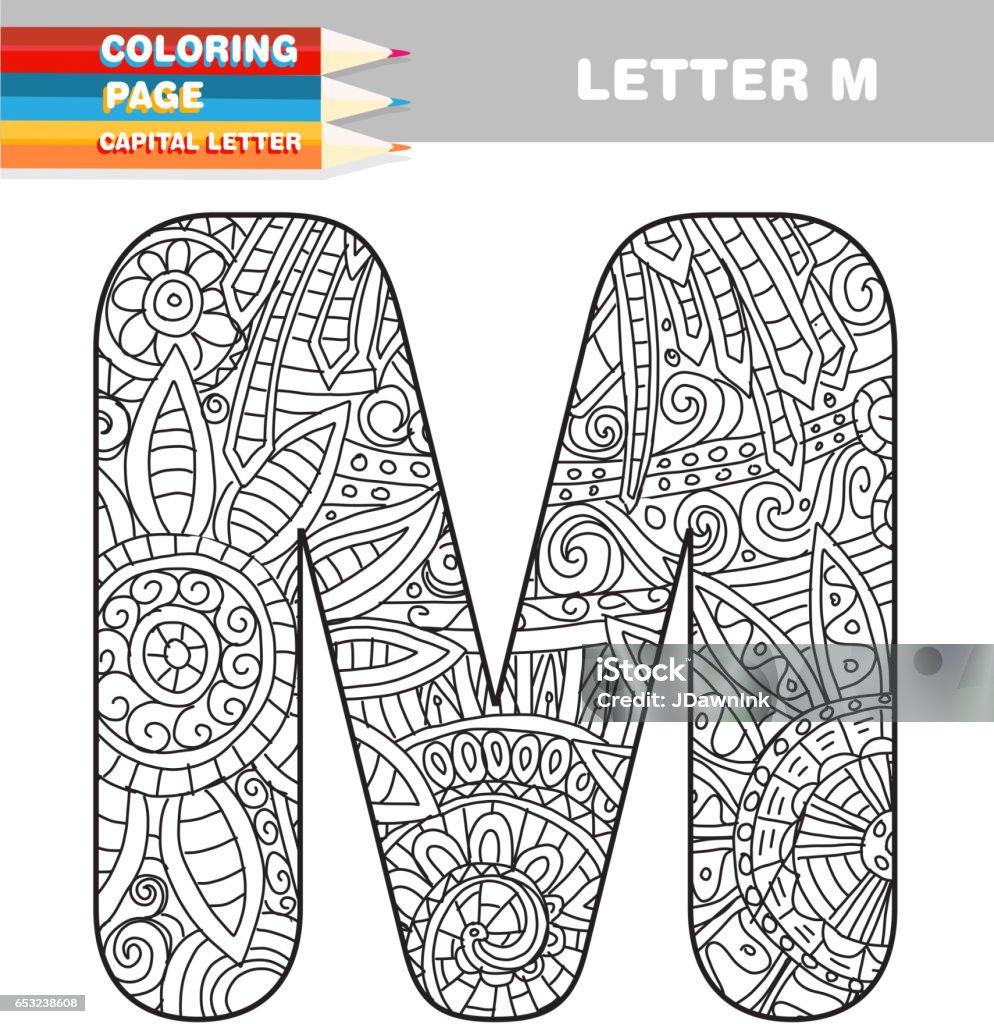 Adult Coloring book capital letters hand drawn template Coloring stock vector