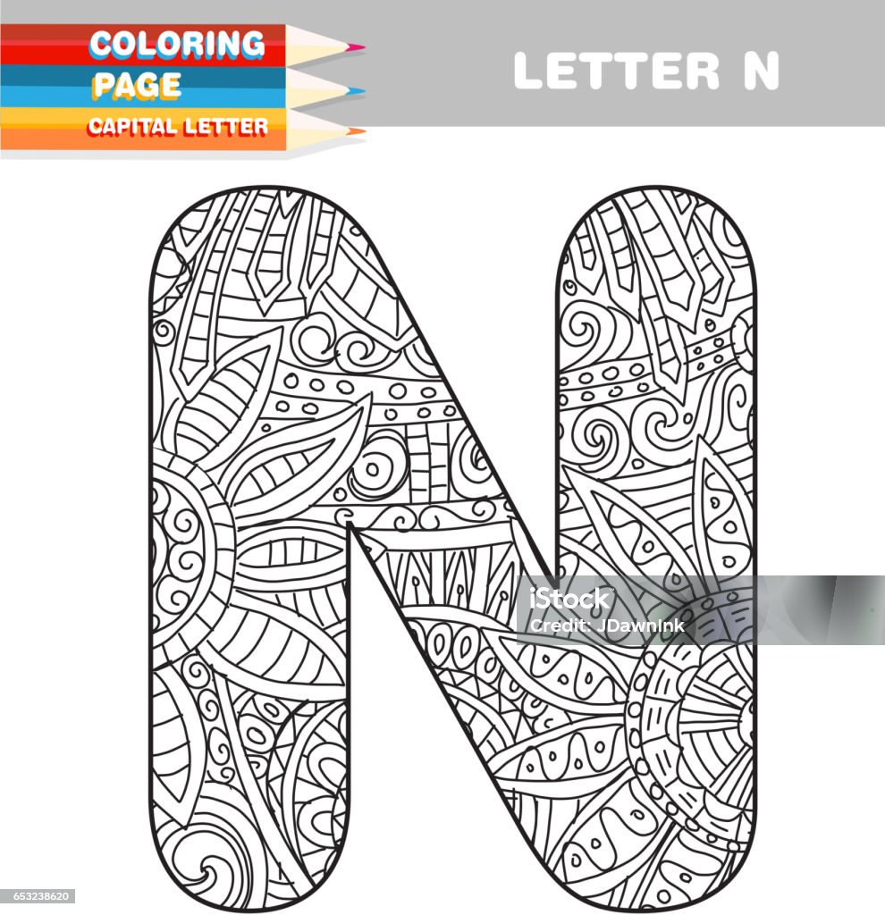 Adult Coloring book capital letters hand drawn template Alphabet stock vector