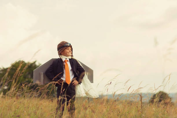 istock Young Businessman Flies Jet Pack into the Sky 653238856