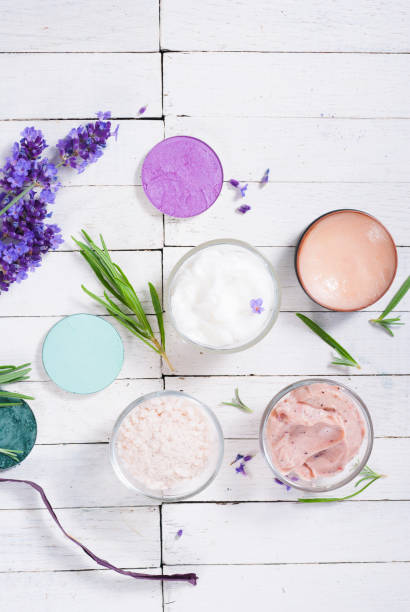 istock Beauty products with lavender on white wooden 653254580