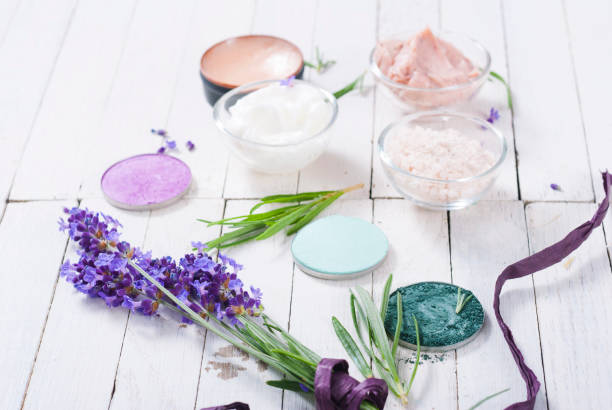 istock Beauty products with lavender on white wooden 653254582