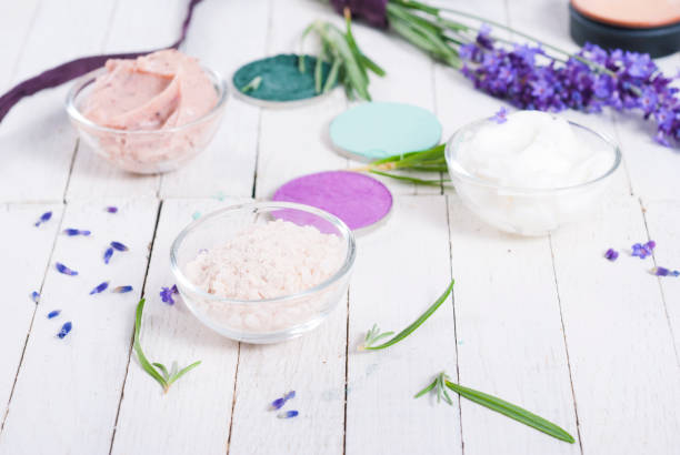 istock Beauty products with lavender on white wooden 653254884